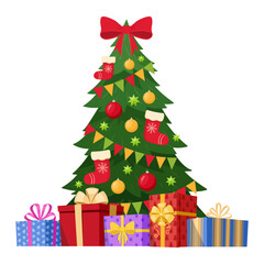 Xmas green fur tree. Decorated Christmas tree with gift boxes, winter holidays evergreen tree decorated with ornaments and lights flat vector illustration. Merry Christmas tree card