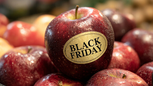 Shiny red apples labeled Black Friday among a pile at a market during holiday shopping season