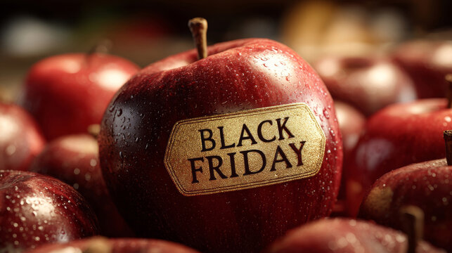 Fresh red apples with a Black Friday tag on display in a market setting during fall season