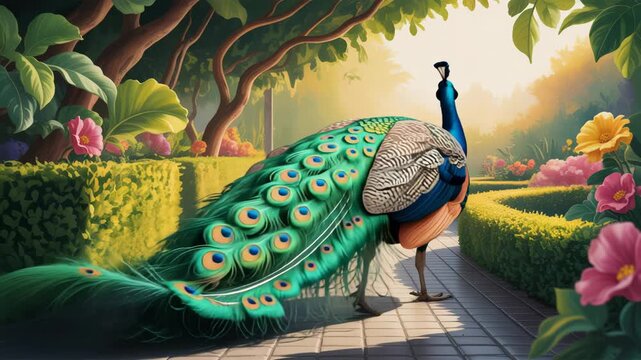 A majestic peacock struts along a stone path in a lush garden, its vibrant blue and green plumage contrasting with the manicured hedges and blooming flowers in a serene, sundrenched setting