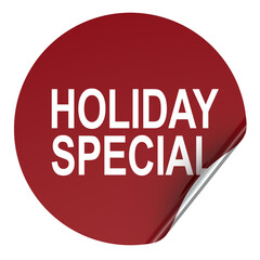 Holiday Special, sticker red round label with curled edge. 3D rendering