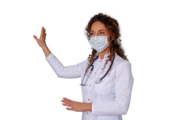 Female doctor wearing mask and stethoscope presenting medical information or technology, working in healthcare, transparent background