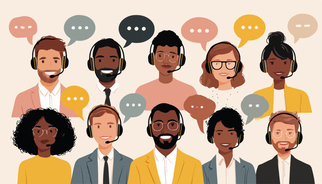 다양한 배경의 사람들이 헤드셋을 착용하고 소통하며 고객 서비스를 제공하는 글로벌 팀의 벡터 일러스트레이션입니다.