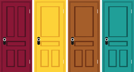 Vibrant collection of four colorful illustrated wooden panel doors in red yellow brown and teal.