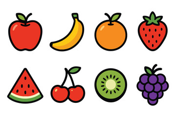A collection of eight distinct, hand-drawn fruits presented in a vibrant and cheerful cartoon illustration.
