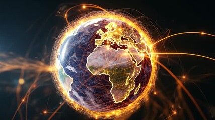 A mesmerizing digital rendering showcases the earth enveloped in a vibrant network of interconnected lines, symbolizing global communication, technology, and the interconnectedness of our world - Powered by Adobe