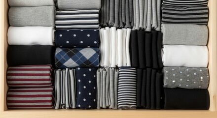 Organized drawer with neatly folded socks in various colors and patterns  