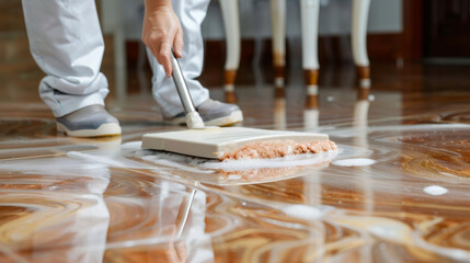 A professional cleaner from a janitorial service scrubs a glossy marbled floor with a mop and foam. Deep cleaning and floor maintenance in a home