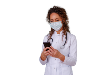 Doctor wearing mask and stethoscope looking at smartphone, providing telehealth consultation on transparent background