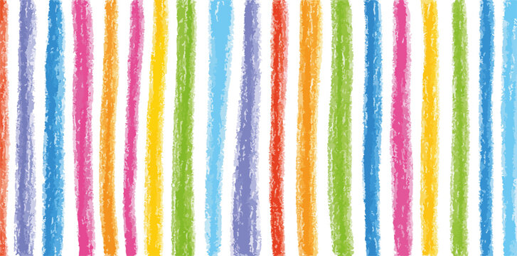 다채로운 크레용 질감의 수직 줄무늬가 불규칙하게 배열된 유쾌하고 생동감 넘치는 벡터 배경으로, 어린이 디자인이나 축제 분위기에 이상적입니다.