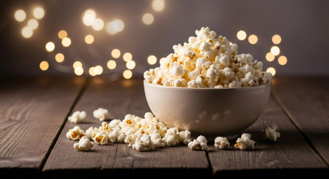 A wooden bowl full of fresh popcorn on a dark table. Cozy movie night snack with a warm bokeh lights background. Cinema and entertainment concept