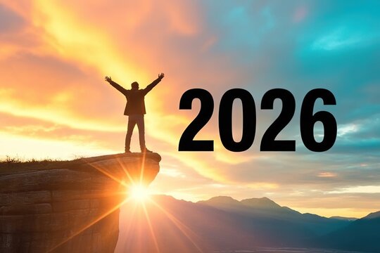 Happy New Year 2026 Sunrise Celebration Silhouette Man Welcoming Future Achievements Optimism Hopeful Dawn Sky Scenery Inspirational Moment