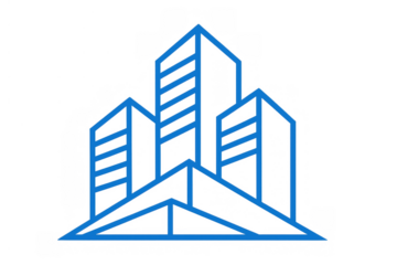 Blue line art building icon representing modern urban architecture, real estate development, and city skyline growth on transparent background