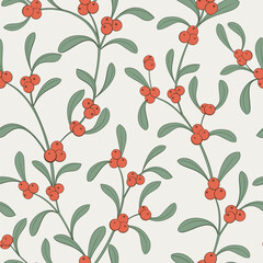 Beige Holly and Mistletoe pattern. Christmas floral pattern