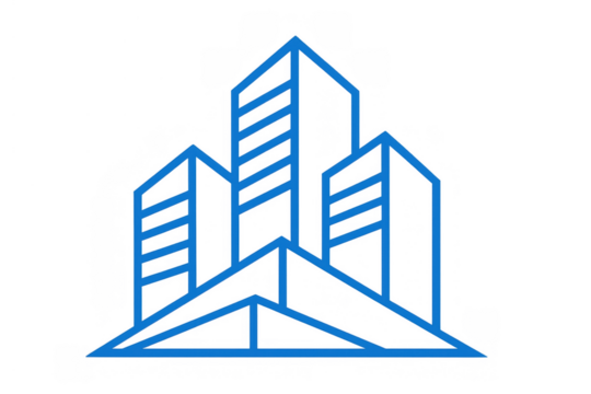 Blue line art building icon representing modern urban architecture, real estate development, and city skyline growth on transparent background - Powered by Adobe