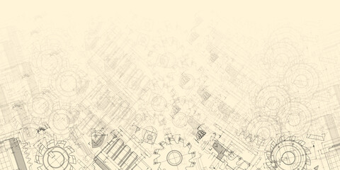 Mechanical engineering drawings on sepia background. Cutting tools, milling cutter. Technical Design. Cover. Blueprint. Horizontal seamless pattern. Vector illustration.