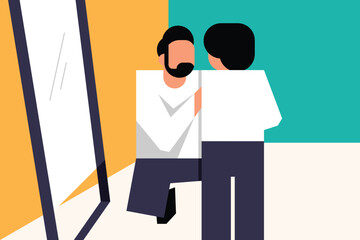 Stylized vector illustration of a person facing a mirror with a contrasting reflection. Abstract and emotional design ideal for themes of self reflection, identity, transformation, and introspection.