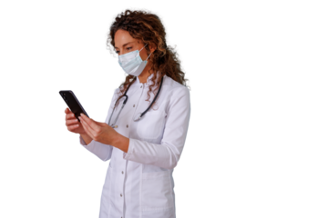 Female doctor in lab coat and surgical mask using mobile phone for telemedicine consultation on transparent background
