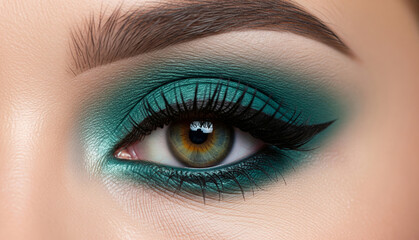 Obraz premium A high-detail, professional close-up photograph of a female eye with perfectly blended teal eyeshadow, showcasing professional makeup artistry