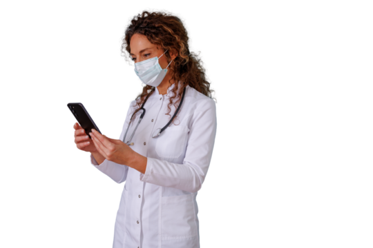 Female doctor in lab coat and surgical mask using mobile phone for telemedicine consultation on transparent background
