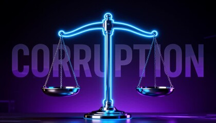 scales of justice glowing blue with corruption text fading behind, futuristic anti corruption theme