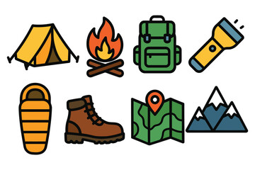 A vibrant collection of illustrated camping and hiking essentials, including a tent, campfire, backpack, flashlight, sleeping bag, boot, map, and mountains.