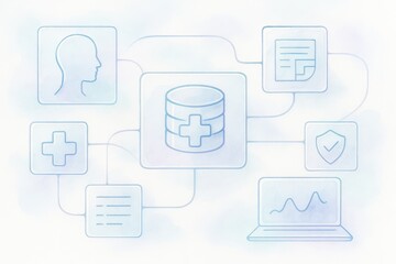 Visual representation of the interconnectedness of medical data management systems with a focus on data privacy, patient identity, and healthcare analytics expressed through abstract design