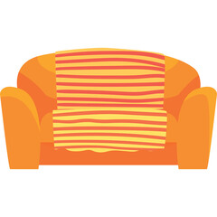 Comfortable orange sofa with a yellow and red striped blanket draped over it against a transparent background