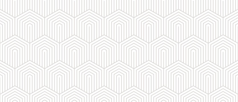Subtle vector minimal seamless pattern with hexagons, lines. Gray and white abstract geometric background with hexagonal grid. Simple minimalist linear texture. Modern repeat design for wrap, decor