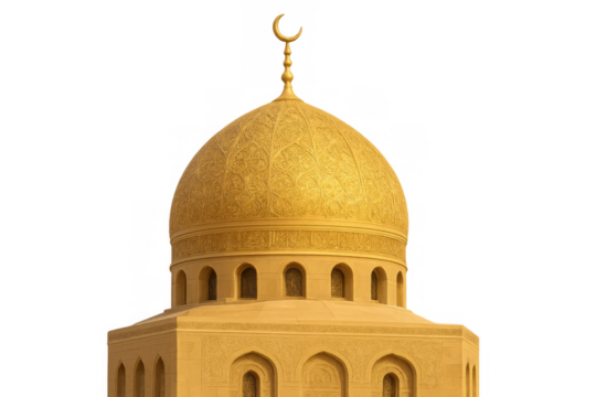 Golden mosque dome featuring a crescent moon symbol against a transparent background, depicting islamic religion and culture