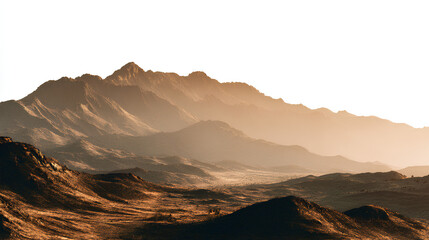 A panoramic desert mountain range at golden hour sunrise or sunset