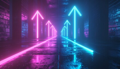 Vibrant neon arrows illuminate a dark, futuristic corridor, symbolizing upward progression, technological advancement, and a path towards success and future growth in a digital landscape