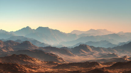 A panoramic desert mountain range at golden hour sunrise or sunset