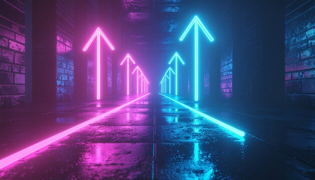 Vibrant neon arrows illuminate a dark, futuristic corridor, symbolizing upward progression, technological advancement, and a path towards success and future growth in a digital landscape