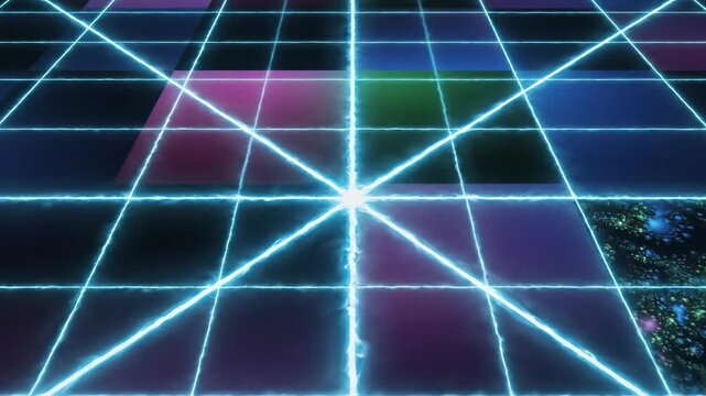 Abstract grid pattern with neon lines and colorful squares digital design