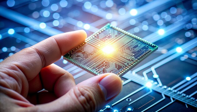 Hand holding a glowing microchip representing technology, innovation, and digital processing