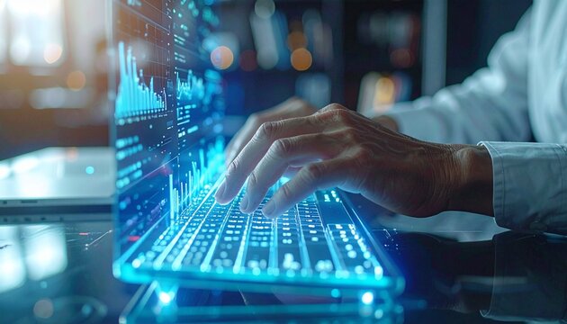 Business professional working on a glowing futuristic laptop, analyzing digital data visualizations and charts for financial strategy and technological innovation in a modern office environment