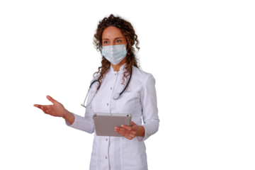 Female doctor in a medical mask holding a tablet, explaining or gesturing, advocating professional healthcare