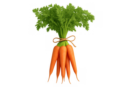 Fresh bunch of organic carrots with green tops tied by twine, promoting healthy eating and natural food concept on transparent background