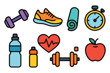 A colorful assortment of exercise equipment, healthy food, and wellness symbols arranged to depict a balanced and active life.