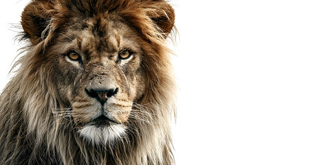 A vivid, hyper-real lion positioned centrally on a game card, rendered with sharp clarity over a pure white background.