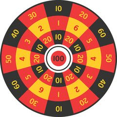 Circular dartboard with numbered segments in red yellow and black colors showing points from 1 to 100 perfect for games and scoring celebrations
