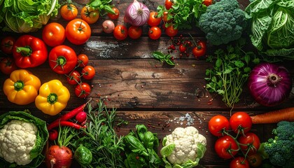 Vibrant assortment of fresh, healthy vegetables and garden produce artfully arranged around a rustic wooden background, perfect for clean eating and organic lifestyle concepts