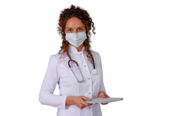 Female doctor or nurse wearing a medical mask, white coat and stethoscope, holding a tablet on transparent background, working in healthcare