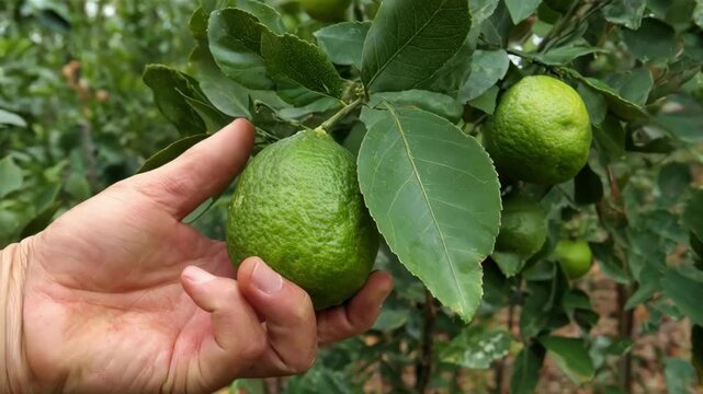 Medium shot of hand gently squeezing ripe lime displaying soft texture variation against leafy background.