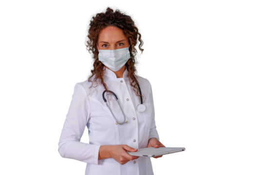 Female doctor or nurse wearing a medical mask, white coat and stethoscope, holding a tablet on transparent background, working in healthcare - Powered by Adobe