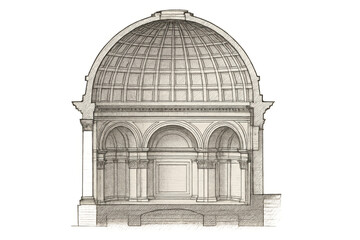 Classical dome architecture cross-section drawing displaying structural elements and historical building design on transparent background
