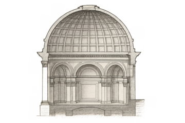 Classical dome architecture cross-section drawing displaying structural elements and historical building design on transparent background
