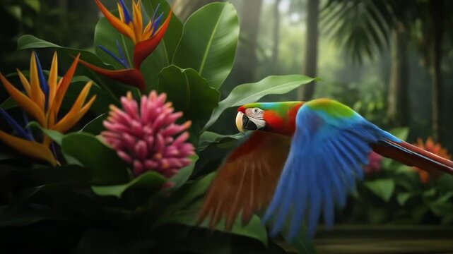 Vibrant Parrot Flight Through Tropical Rainforest Animation with Exotic Flowers