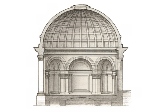 Classical dome architecture cross-section drawing displaying structural elements and historical building design on transparent background